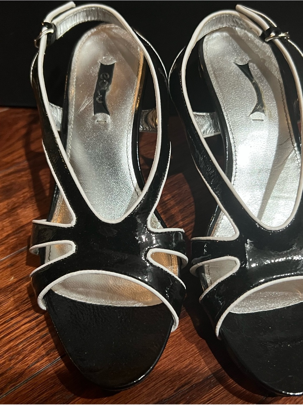 Ecco Black Patent Slingback Heels with White Trim